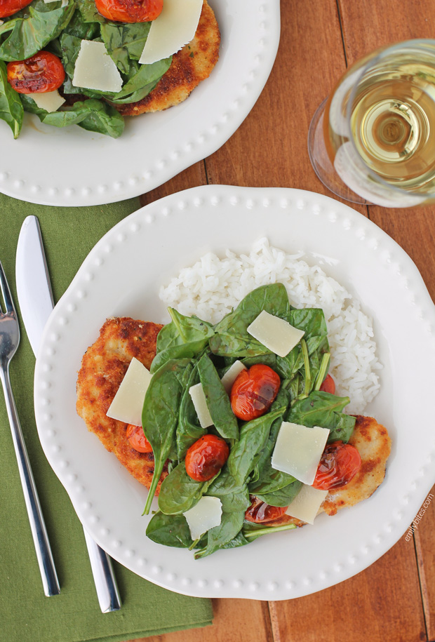 Chicken Milanese with Spinach and Burst Tomatoes