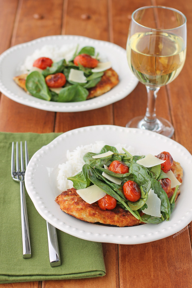 Chicken Milanese with Spinach and Burst Tomatoes