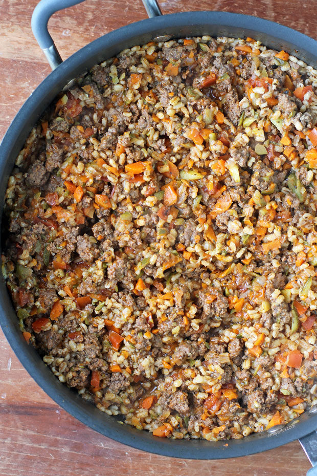 Barley Beef Skillet overhead in pan