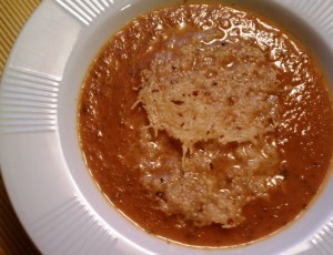 Roasted Tomato Basil Soup with Parmesan Crisps