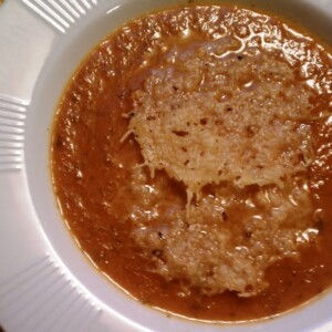 Roasted Tomato Basil Soup with Parmesan Crisps