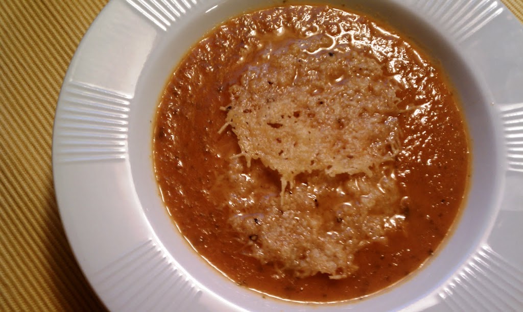 Roasted Tomato Basil Soup with Parmesan Crisps - Emily Bites