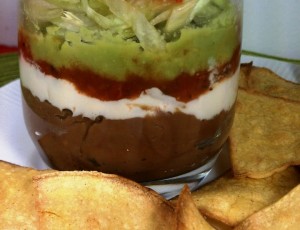 Layered Bean Dip with Baked Corn Chips