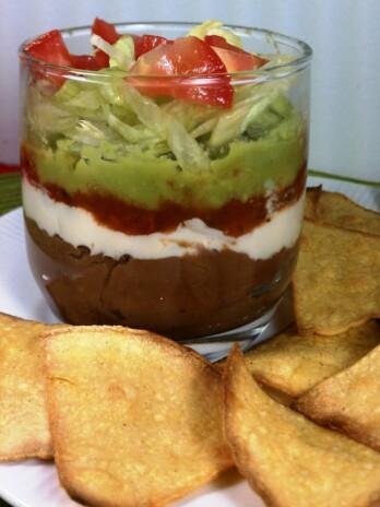 Layered Bean Dip with Baked Corn Chips