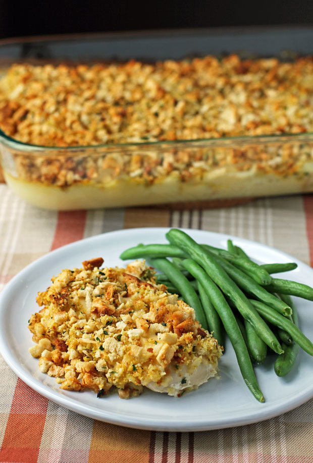 Cheesy Chicken and Stuffing Bake on a plate