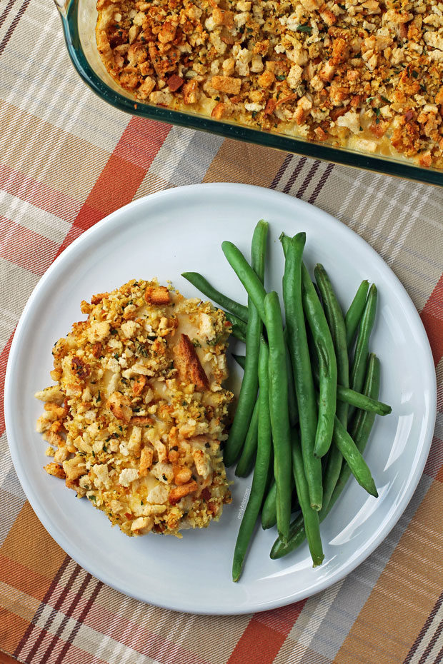 Cheesy Chicken and Stuffing Bake with green beans