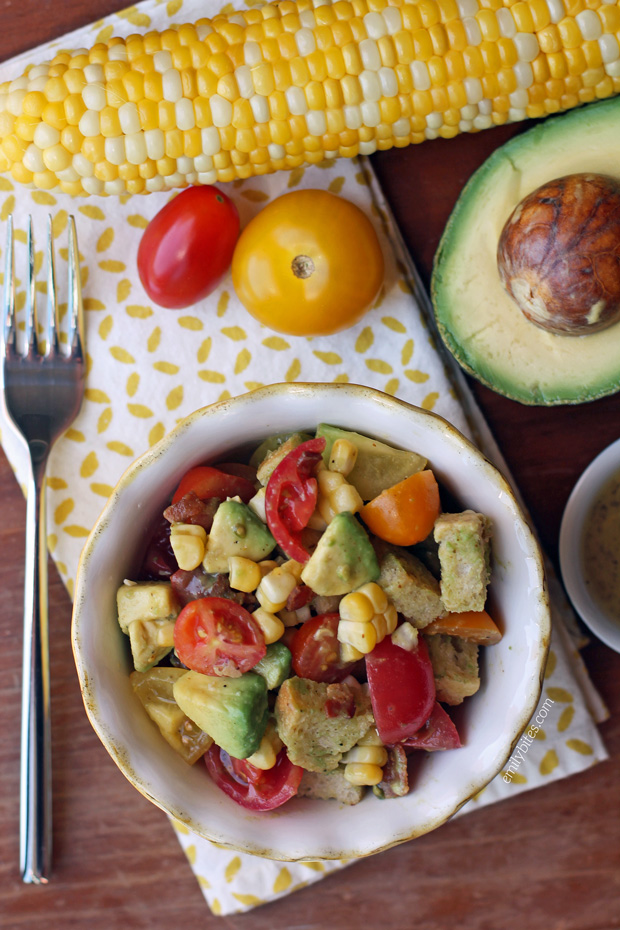 Avocado Bacon Corn Panzanella Salad - Emily Bites