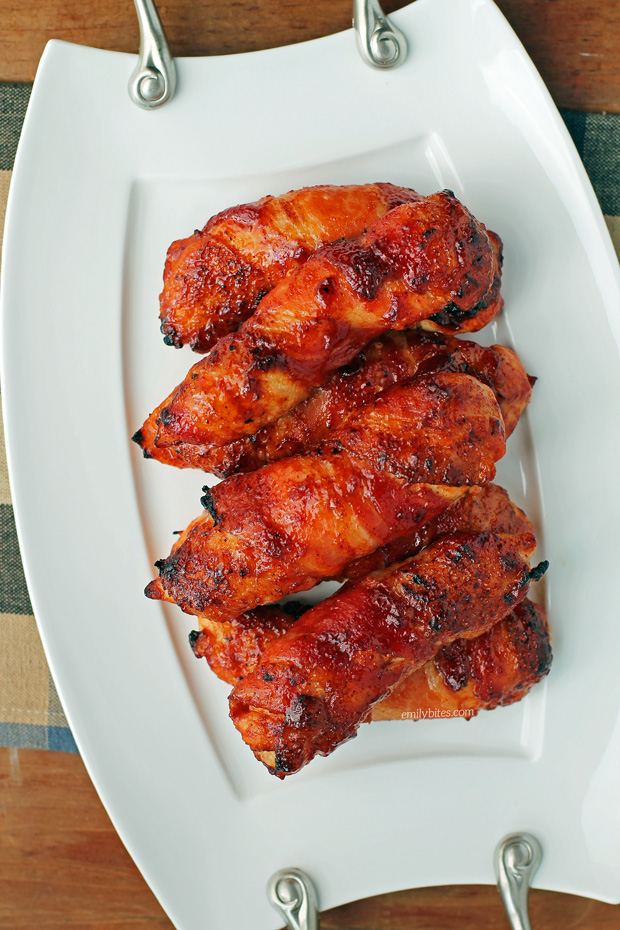 Barbecue Bacon Wrapped Chicken Tenders - Emily Bites