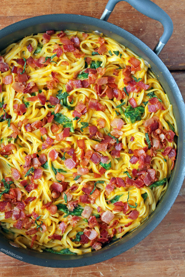 Butternut Squash Pasta with Bacon - Emily Bites