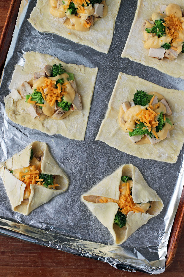 Cheesy Chicken and Broccoli Pastry Bundles before cooking