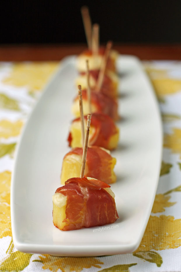 Cheesy Pineapple Prosciutto Bites in a row