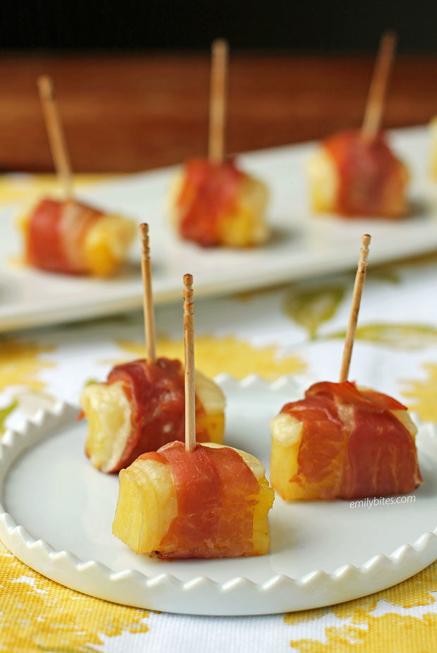 Cheesy Pineapple Prosciutto Bites on a plate