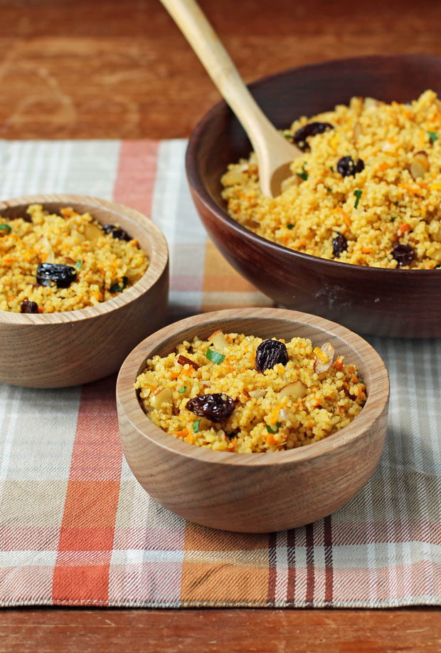 Couscous with Raisins and Almonds in bowls