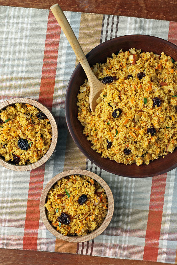 Couscous with Raisins and Almonds overhead in a bowl