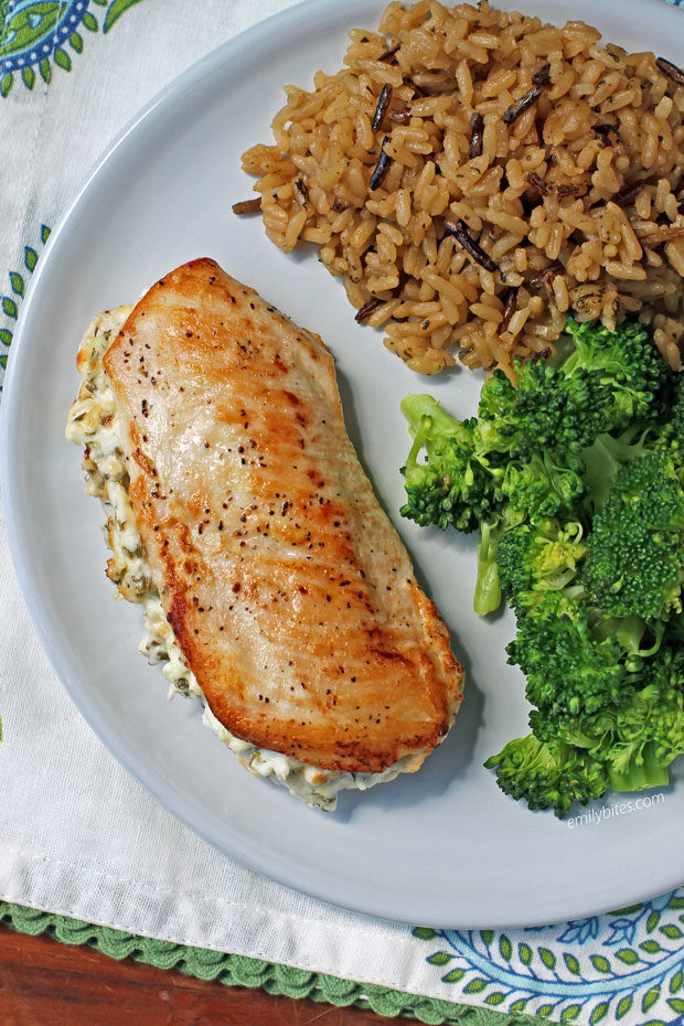 Cream Cheese and Herb Stuffed Chicken with rice and broccoli