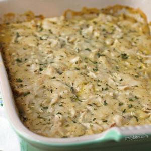 Chicken and Dumplings Casserole in a green dish