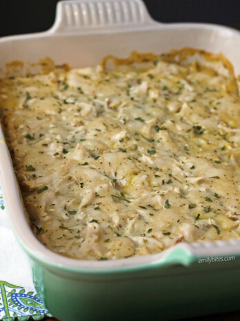 Chicken and Dumplings Casserole in a green dish