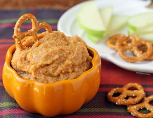 Pumpkin Spice Hummus with pretzels and apples