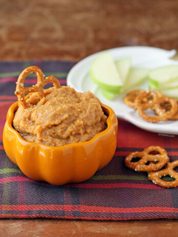 Pumpkin Spice Hummus with pretzels and apples