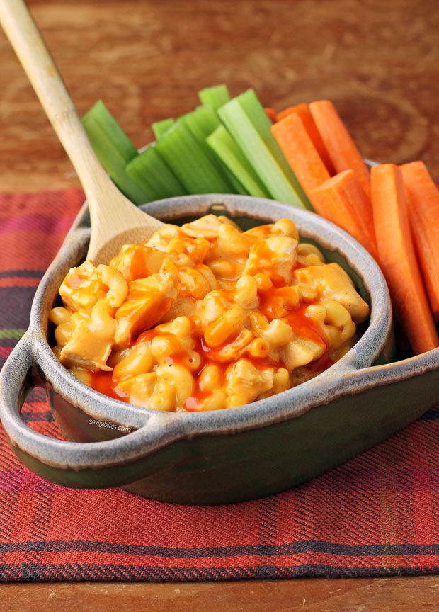 One-Pot Buffalo Chicken Mac and Cheese in a dish