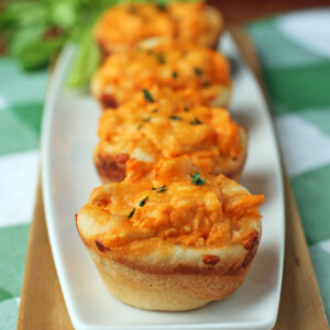 Mini Buffalo Chicken Dip Bread Bowls in a row