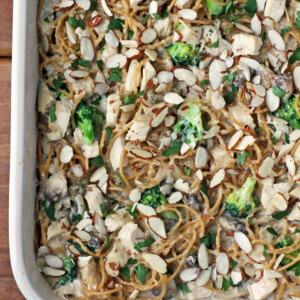 Chicken Tetrazzini in a baking dish