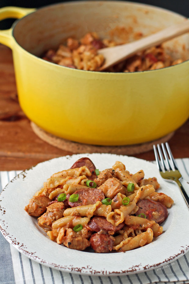 One Pot Cajun Chicken And Sausage Pasta Emily Bites