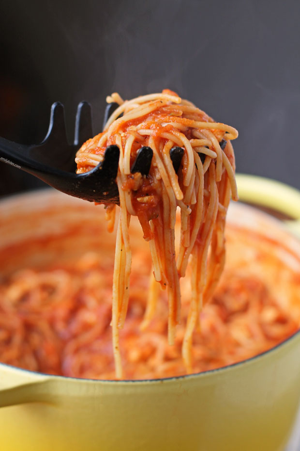One-Pot Turkey and Veggie Spaghetti on a spoon