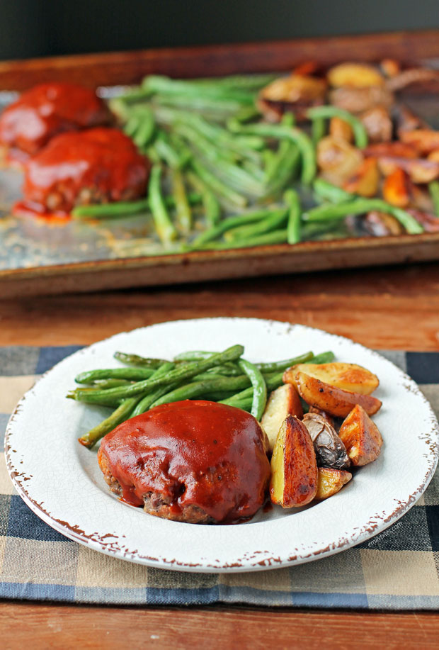 Sheet Pan Meatloaves with Roasted Potatoes and Green Beans on a plate