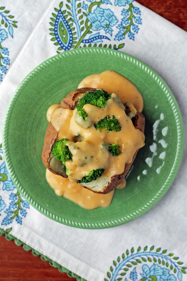 Broccoli Cheddar Stuffed Baked Potatoes overhead view