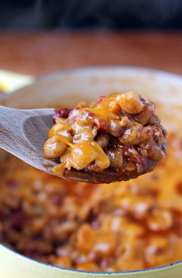 One-Pot Cheesy Chili Mac on a spoon