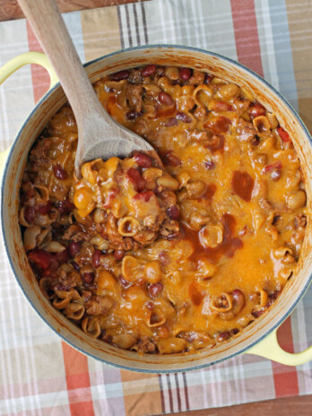 One-Pot Cheesy Chili Mac in the pot