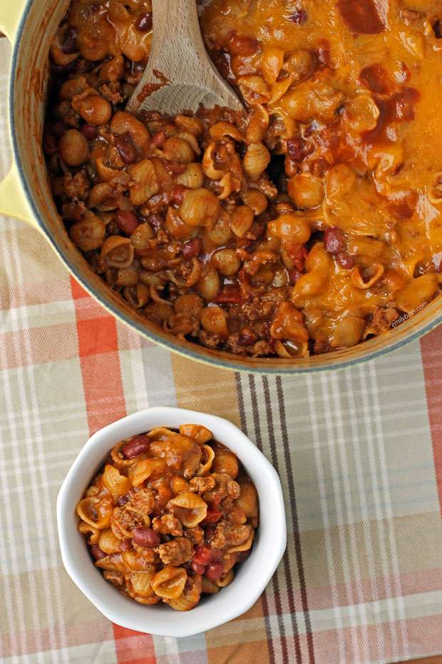 One-Pot Cheesy Chili Mac served