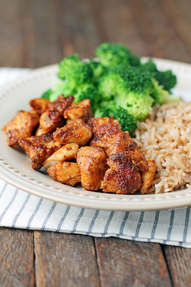 Blackened Chicken Bites plated with sides