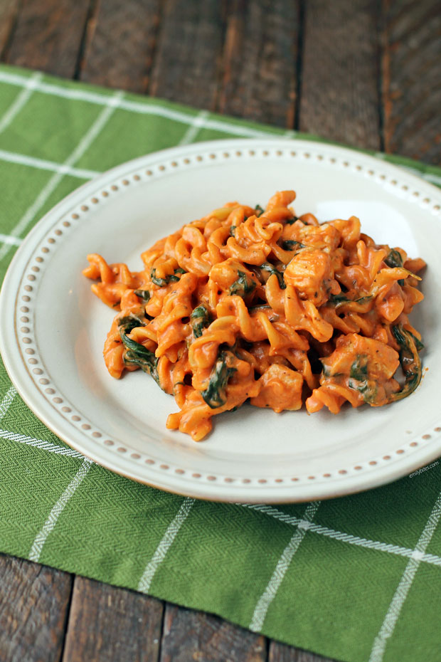 One-Pot Creamy Tomato Pasta with Chicken and Spinach on a plate