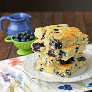 Sheet Pan Blueberry Pancakes in a stack