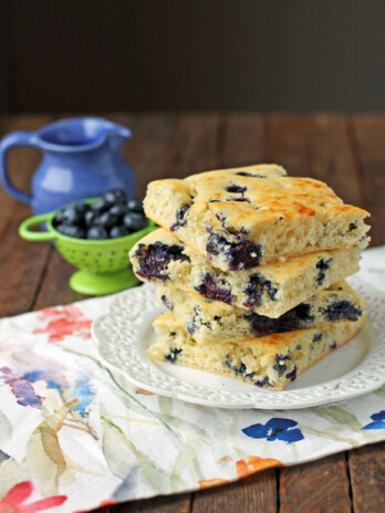 Sheet Pan Blueberry Pancakes in a stack