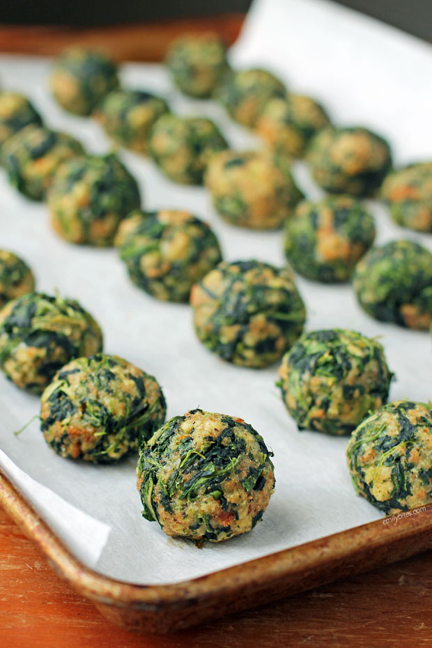 Spinach Balls lined up on a cookie sheet