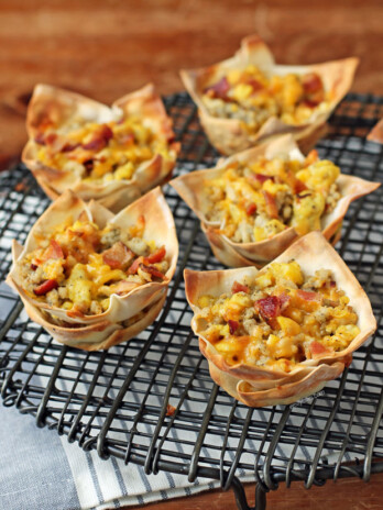 Breakfast Wonton Cups lined up on a cooling rack