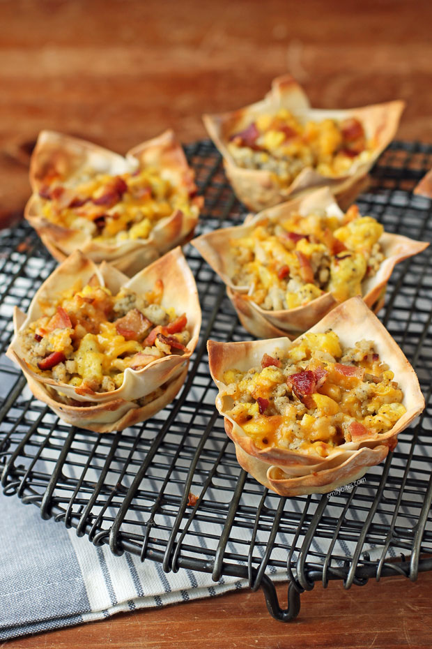 Breakfast Wonton Cups lined up on a cooling rack