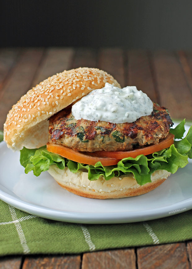 Greek Turkey Burger with Tzatziki Sauce, bun askew