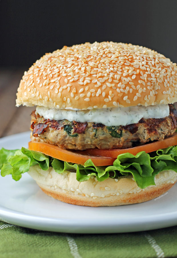 Greek Turkey Burgers with Tzatziki Sauce - Emily Bites