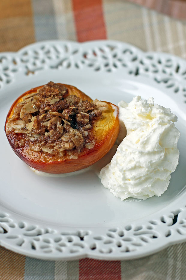 Baked Peached with Crisp Topping with whipped cream