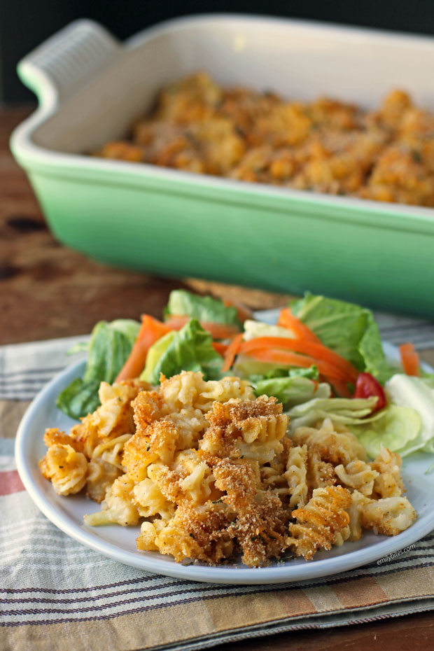 Baked Cauliflower Mac and Cheese on a plate close up