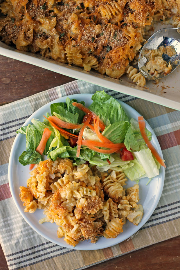 Baked Cauliflower Mac and Cheese plated with salad