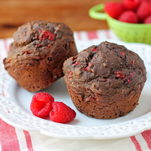 Two Chocolate Raspberry Muffins on a plate