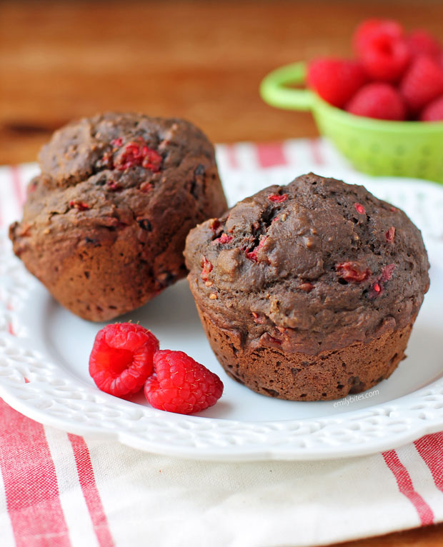Two Chocolate Raspberry Muffins on a plate