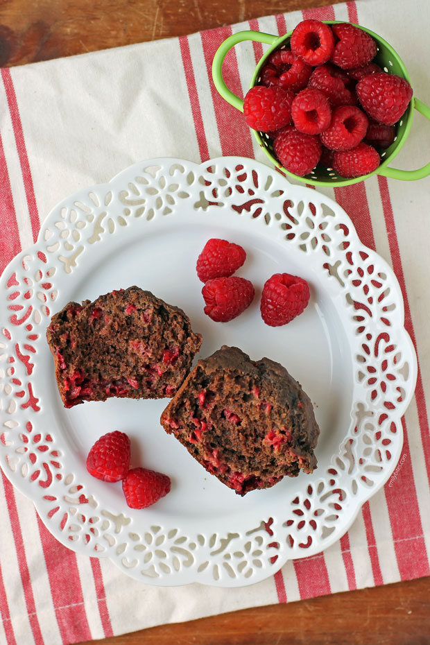 Chocolate Raspberry Muffin broken open on a plate