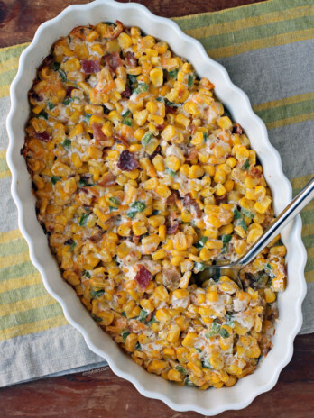 Creamy Corn with Bacon and Jalapenos being scooped