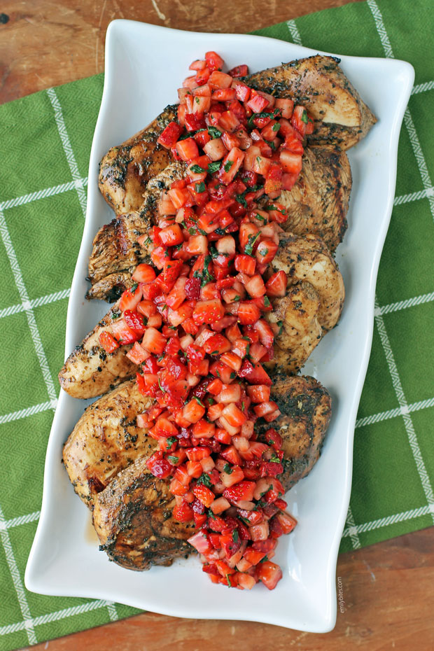 Strawberry Balsamic Grilled Chicken overhead on a platter
